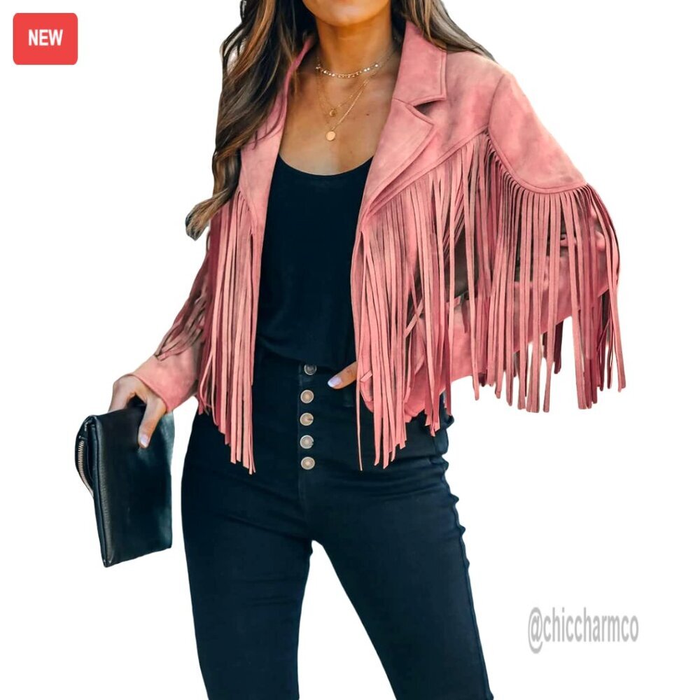 Faux Leather Jacket Women Fringe Cropped Moto Jacket Tassel